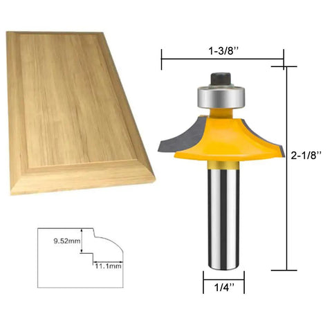 Four Piece One Quarter Inch Shank Router Bit Set For Door And Drawer Front Edging Miter Frame Crown Molding Wood Milling Cutter with size dimensions.