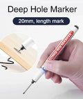 Set Of 3 Deep Hole Marking Pens With Long Extended Nibs For Carpentry And Woodworking Projects Straight Shooter Build That Effortlessly Hits Every Tight Spot Red Black And Blue Ink, showing a pen marking wood.