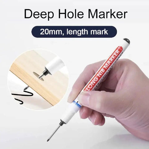 Set Of 3 Deep Hole Marking Pens With Long Extended Nibs For Carpentry And Woodworking Projects Straight Shooter Build That Effortlessly Hits Every Tight Spot Red Black And Blue Ink, showing a pen marking wood.