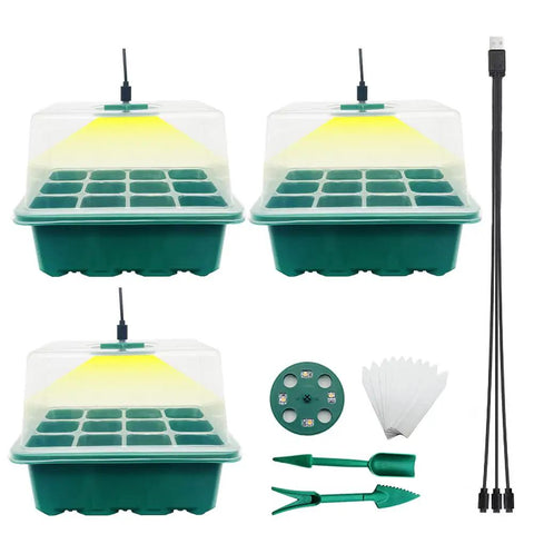 Seed Starter Tray 3 Pack With Grow Light For Indoor Seed Starting Seedling Kit Germination Set Humidity Dome And Base Greenhouse Trays 12 Cell Per Tray Full Spectrum LED Lights For Healthy Seed Growth, including accessories like tools and connectors.