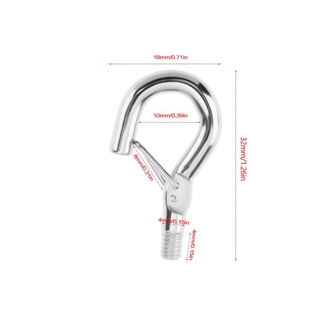 10 Pack M4 Screw Hanging Hook With Spring Buckle Eye Hook For Lights And Signs, DIY Go To Mounting Gear With Metric Internal Threads M4, 32mm Long, 18mm Wide, 4mm Thread Diameter, 10mm Hook Width, silver iron hook with measurements