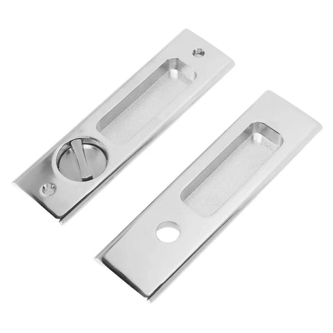 Silver recessed handle lock with keys for pocket doors, sliding barn doors, cabinets, and closets, flush pull design, zinc alloy build.