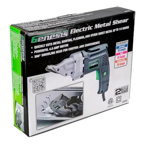 Genesis Electric Metal Cutting Shear 4 Amp 14 Gauge Swivel Head Variable Speed 0 To 2500 SPM product box packaging