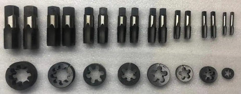 Get Your Plumbing Game On With This Slick 24-Piece BSP And BSPP British Standard Pipe Tap Die Set Ranging From One Eighths To One Inch Featuring HSS Thread Cutting Tools For Serious Repairs And Fresh Threads In Both Home And Professional Engineering. Black HSS BSP taps and dies set arranged by size