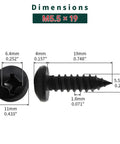 Fifty Pack Number Twelve Size Three Quarter Inch Black Coated 304 Stainless Steel Phillips Pan Head Sheet Metal Screws Self Tapping With Magnetic Bit Heavy Duty Badass Build For Knockout Grip dimensions shown with measurements.