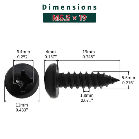Fifty Pack Number Twelve Size Three Quarter Inch Black Coated 304 Stainless Steel Phillips Pan Head Sheet Metal Screws Self Tapping With Magnetic Bit Heavy Duty Badass Build For Knockout Grip dimensions shown with measurements.
