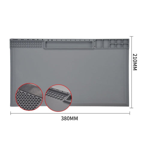 Heavy Duty Silicone Welding Work Mat With Massive Workspace For Soldering And Heat Resistance Pro Level Table Pad top view showing compartments and textured surface.