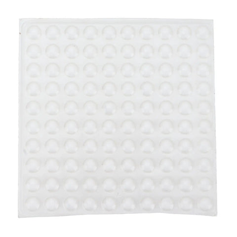 Sheet of clear self adhesive no slip transparent rubber buffer pads for tables, chairs, and furniture with strong acrylic adhesive.