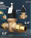 Front view of Zurn Wilkins NR3XL 1-1/4 in pressure reducing valve with brass body and double union FNPT connections.