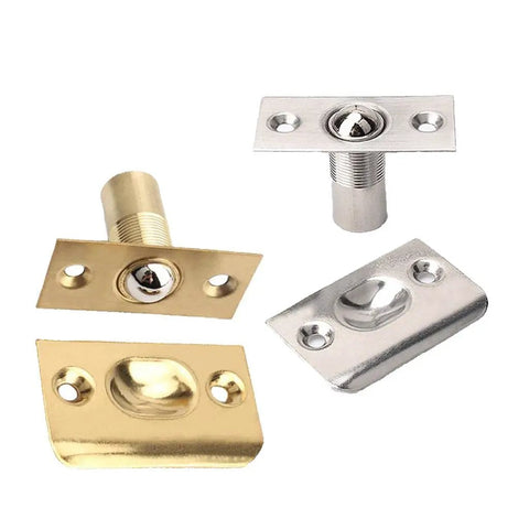 Stainless Steel Adjustable Roller Ball Door Catch Lock With Brass Finish. Easy Install Internal Latch parts including brass and silver finishes.