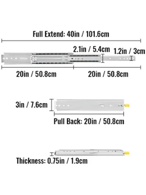 Heavy Duty Drawer Slides 18 To 60 Inch Adjustable Full Extension With 3 Fold Guide Rail And Ball Bearing 76mm Wide Industrial Grade diagram
