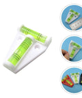 Mini T Shape Bubble Level Tool with shatterproof PMMA and ABS, showing ruler, finger holding, and color variations, for low profile leveling