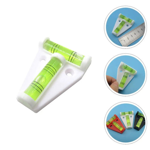 Mini T Shape Bubble Level Tool with shatterproof PMMA and ABS, showing ruler, finger holding, and color variations, for low profile leveling