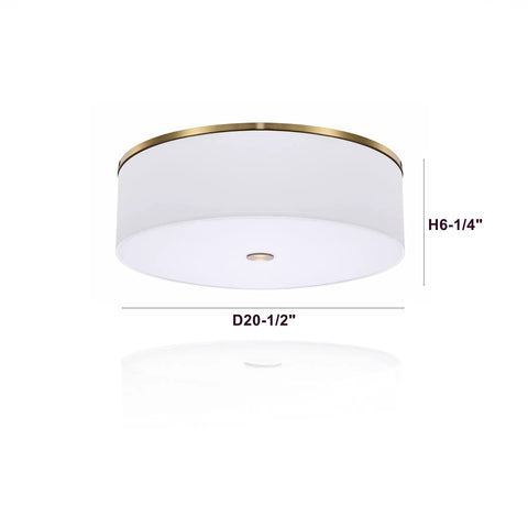 Antique Brass Drum Linen Flush Mount Ceiling Light, 20 Inch LED Fixture, 2000 Lumens, side view showing dimensions