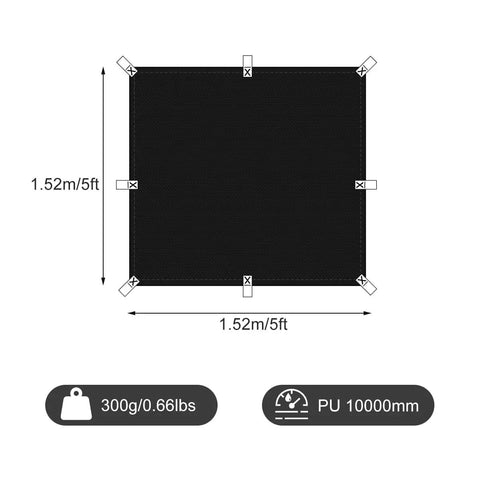 Heavy Duty Waterproof Tarp For Outdoor Use 5 By 5 Feet With UV Resistant And Tear Proof Cover in black, dimensions shown.