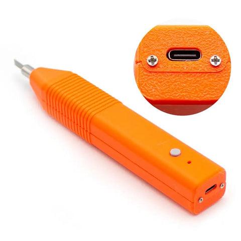 Portable 40KHz Ultrasonic Cutter With Adjustable Power, Type C And DC 12V Input, orange handheld tool with blade and close-up of port