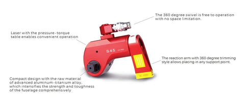 Heavy Duty Hydraulic Torque Wrench With 360 Degree Swivel Square Drive And Featherweight Build viewed from side displaying pressure-torque laser and swivel features.