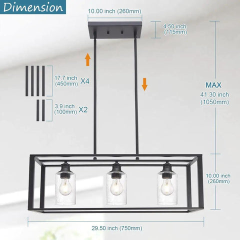 Dimensions of Farmhouse Black Lantern Pendant Chandelier With Seeded Glass, 3 Light Modern Dining Room Kitchen Island Lighting