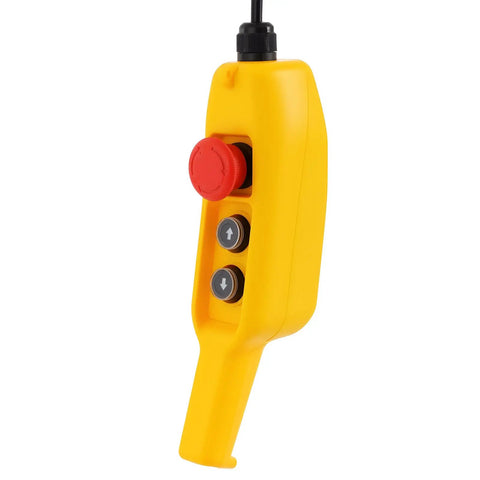Yellow wireless remote control for No Sweat Lifting With This 1300W Electric Chain Hoist Winch for garages and job sites.