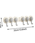 Heavy Duty Six Hook Adhesive Wall Rack With Smooth 180 Degree Swivel And Easy No Drill Mount for towels and keys, 32cm long.