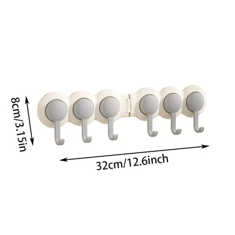 Heavy Duty Six Hook Adhesive Wall Rack With Smooth 180 Degree Swivel And Easy No Drill Mount for towels and keys, 32cm long.