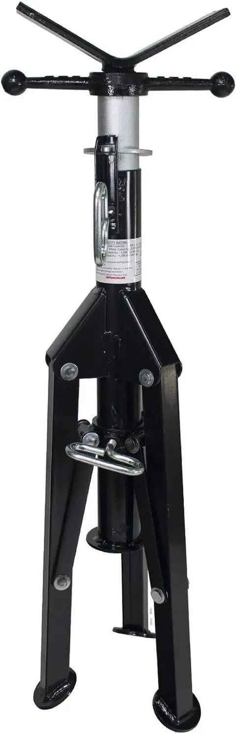 High Profile Adjustable Pipe Jack Stand With V Head And Folding Legs Heavy Duty 2,500 Lb Capacity 32 To 48 Inch Height Compact