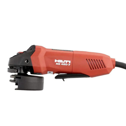 7 Amp 4.5 Inch Angle Grinder With Dead Man Switch Slim Red Powerhouse For Metal Cutting And Grinding Accepts Standard 4.5 Inch Discs Ergonomic Grip Quick Guard Built Tough For Daily Shop Projects side view