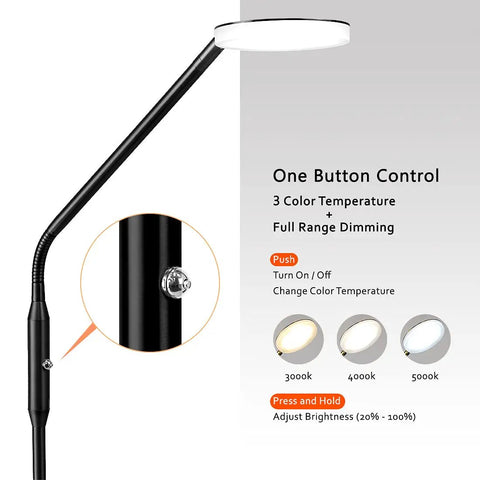 Dope Dimmable LED Floor Lamp With Adjustable Color Temperature For Bedside Reading And Crafting, 360 Degree Flexible Gooseneck, Rotatable Lighting For Sewing And Work, Black Finish, Your Perfect Task Lighting with control diagram.