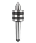 MT3 lathe center with knurled black ring and conical tip, silver steel body