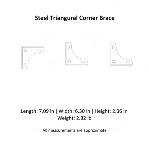Steel Triangular Corner Bracket dimensions, 7.09 in length, 6.30 in width, 2.36 in height for 90-degree joint stability.