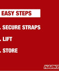 3 easy steps for using the Overhead Garage Hoist System for Bikes and Ladders: Secure Straps, Lift, and Store, featuring Harken brand logo.