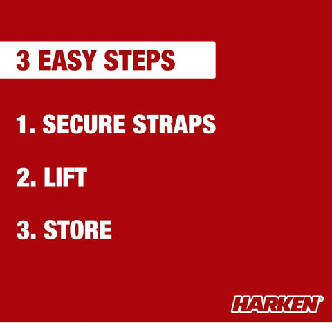 3 easy steps for using the Overhead Garage Hoist System for Bikes and Ladders: Secure Straps, Lift, and Store, featuring Harken brand logo.