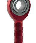 Real Deal 5/8 X 5/8-18 Aluminum Male Rod End Bearing With Slick Teflon Liner, red finish, close-up view detailing threads and bearing.