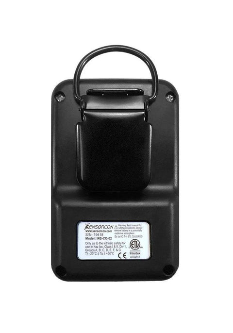Sensorcon Industrial CO monitor back view, black plastic with belt clip and certification label