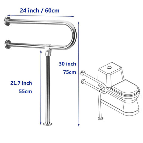 Sturdy 23.6 Inch Stainless Steel Handicap Toilet Grab Bar With T Shape Mount For Bathroom Safety Rails Wall And Floor Install No Slip Grip Ideal For Seniors And Elderly Bath Assistance Supports Up To Four Hundred Forty Pounds dimensions diagram
