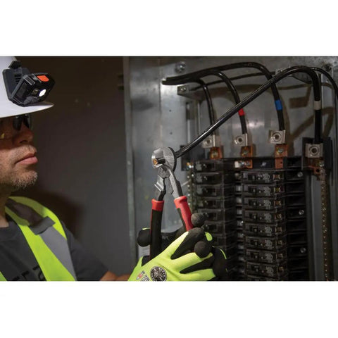Electrician using Pro Grade Journeyman High Leverage Cable Cutter And Wire Stripper For Aluminum Copper And Communications Cable