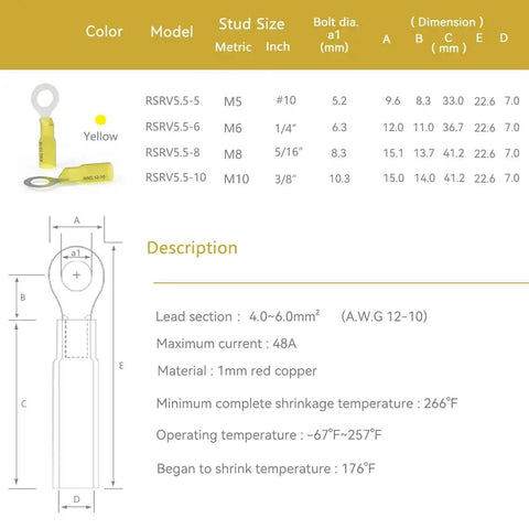 Heat Shrink Ring Terminal Kit 100 Pcs Yellow 12 To 10 AWG Waterproof With Tinned Copper Barrels includes dimensions and sizes