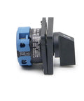Universal Reversing Changeover Switch With Two to Three Gear System, Dual Off On Cutoff Button, High Amp 32A 63A 125A, Heavy Duty Industrial Switch for Quick Shutoff and Reliable Redundancy side view, black and blue plastic