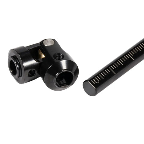 Stainless Steel Front And Rear Driveshafts For 1/10 Scale RC Crawlers, 68 To 229mm Adjustable, Cut To Length, Two Piece Set, Heavy Duty Shaft Kit For Capra GSPEED Element LCG Rigs And DIY Scalers. Black U-joint and marked shaft close-up.