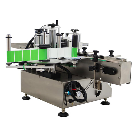 Automatic Round Bottle Labeling Machine With Conveyor Applicator And Receiving Tray 110V Plus Simple Setup, showing labeling mechanism.