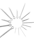 304 Stainless Steel Split Cotter Pins Kit 150 Pieces In 15 Sizes M1 To M3 U Shape Fasteners in a circular layout