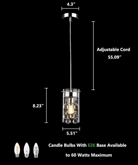 Three Pack Crystal Pendant Lights For Kitchen Island With Adjustable Chrome Finish Glass Shade Teardrop Crystals, dimensions shown