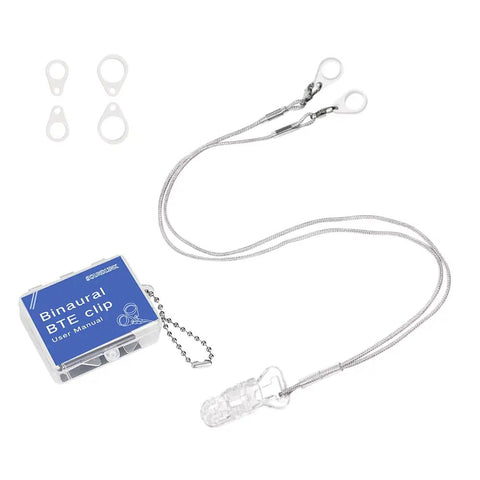 Anti Lost Hearing Aid Clip Lanyard With Adjustable Silicone Loops For BTE Ear Aids showing lanyard, loops, case, and key chain