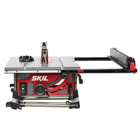Side view of Powerful 15 Amp 10 Inch Portable Jobsite Table Saw With Folding Stand Rack And Pinion Fence Rails Micro Adjustable Blade.
