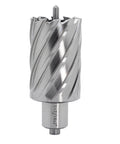 Front view: Oscarbide annular cutter with Weldon shank, 1-7/16 in cutting diameter, 2 in depth for magnetic drill press