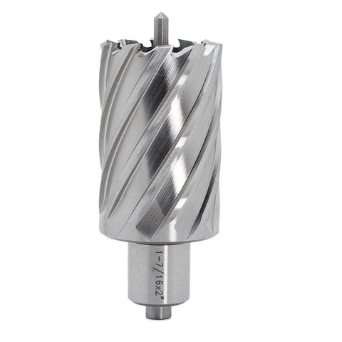 Front view: Oscarbide annular cutter with Weldon shank, 1-7/16 in cutting diameter, 2 in depth for magnetic drill press