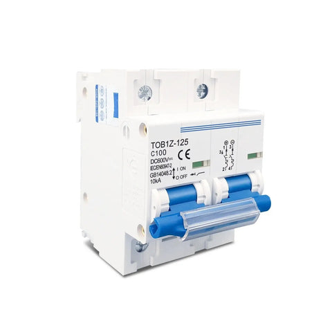 Heavy Duty 2 Pole DC Circuit Breaker For Solar PV Battery Main Switch, with blue toggle and weather-sealed housing.