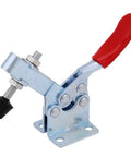 Heavy Duty 4 Pcs Toggle Clamp Set With Quick Release Lever And Super Secure Holding Power For Woodworking Welding Assembly and Shop Tasks That Need Serious Muscle And Precision Grip Any Time You Work, showing durable zinc-plated clamp with red lever.