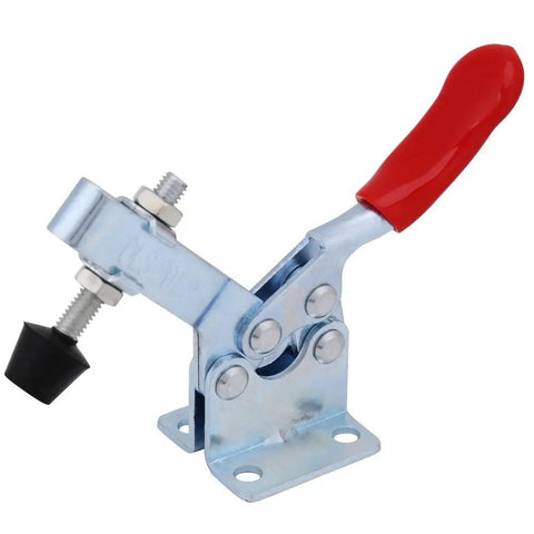 Heavy Duty 4 Pcs Toggle Clamp Set With Quick Release Lever And Super Secure Holding Power For Woodworking Welding Assembly and Shop Tasks That Need Serious Muscle And Precision Grip Any Time You Work, showing durable zinc-plated clamp with red lever.