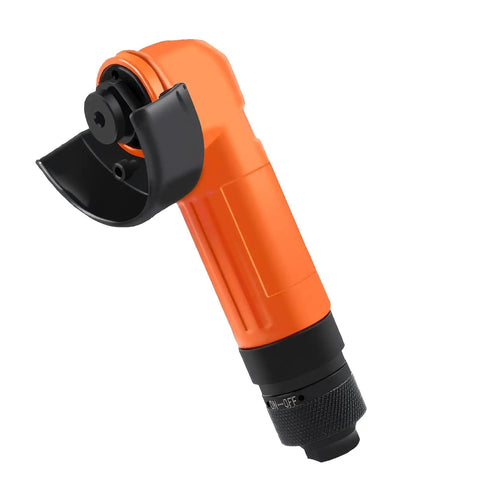 Heavy Duty Pneumatic Angled Grinder With Air Powered Motor For Metal And Wood Grinding Polishing Cutting At 15000 Rpm showing orange ergonomic handle.